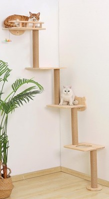 Cat Tree Wall Mounted with 4 Levels Shelves, 73'' Wood Corner Tower Inside Kit...