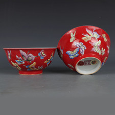 A Pair Rare Chinese Handmade Painting Famille Rose Porcelain Butterfly Bowl