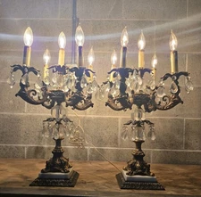 Vintage Pair 22” Cherub Candelabra Marble Base Glass Prisms Antique Old Heavy