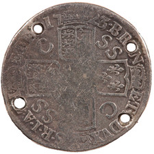 1723 KING GEORGE I SILVER ONE 1 SHILLING COIN HOLED: SSC - 3 OVER 3?