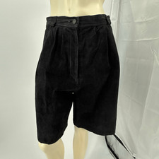 Vintage Loretto Black Suede Leather Shorts Women  s 11/12 High Waist Pleated Line