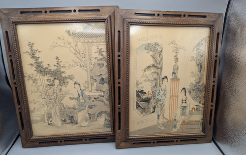 2 VINTAGE CHINESE COURTISAN PRINTS ARTIST PICTURE PUBLISHING 1940s GEISHA FRAMED