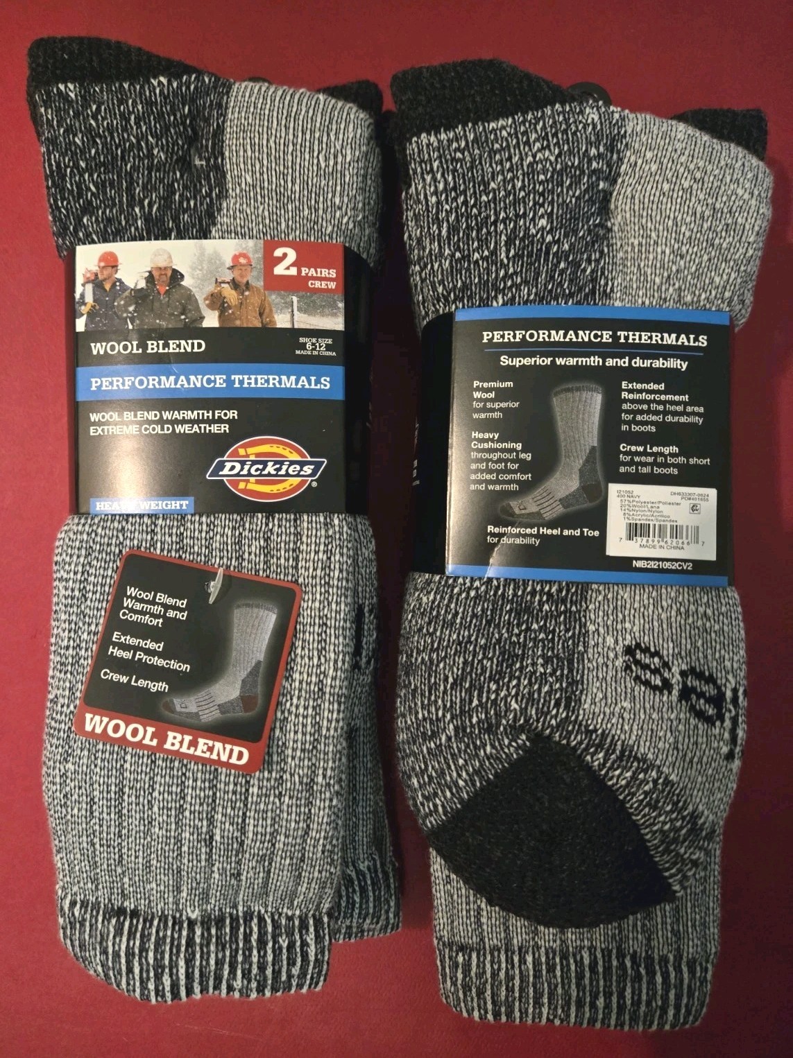 (2) Dickies Men's Heavyweight Wool Blend Thermal Crew Socks 2pk - Navy Blue 6-12