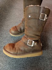UGG 5678 Kensington Sz 5 Brown Leather Shearling Lined Buckle Moto Boots Women