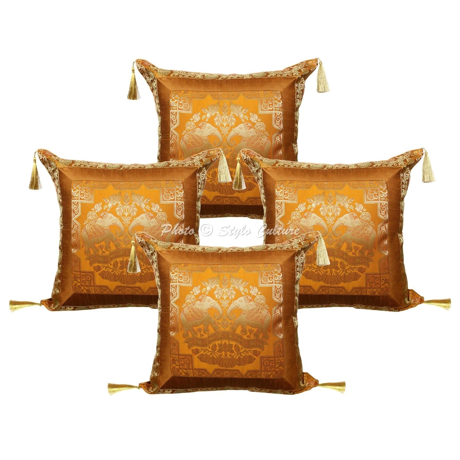 Indian Brocade Throw Pillow Covers Jacquard Tassels Yellow Elephant Home Decor