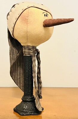 Honey And Me Primitive Snowman Head W/Nightcap & Scarf Pedestal Grungy 10 