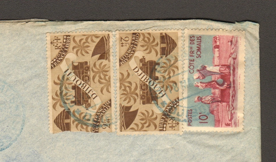 RARO SOMALÍ DJIBOUTI - COTE FRANCAISE DES SOMALIS 1949 SELLO CARTA 2F, 2F, 10F Foto 2 de 3