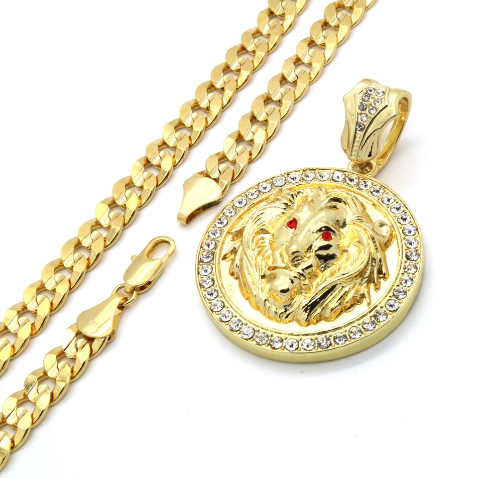 Cadena cubana enchapada en oro de 14k para hombre cara de león ojos rojos y circonitas rojas Foto 3 de 4