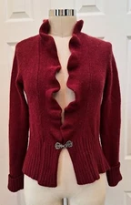  Valerie Bertinelli Cardigan Angora Wool Blend Ruffled Sweater Dark Red Size: S