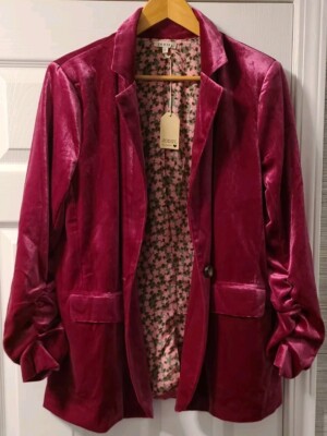 JODIFL *Hot* Wine Red Velvet One-Button Scrunched Long Sleeve  Jacket L NWT