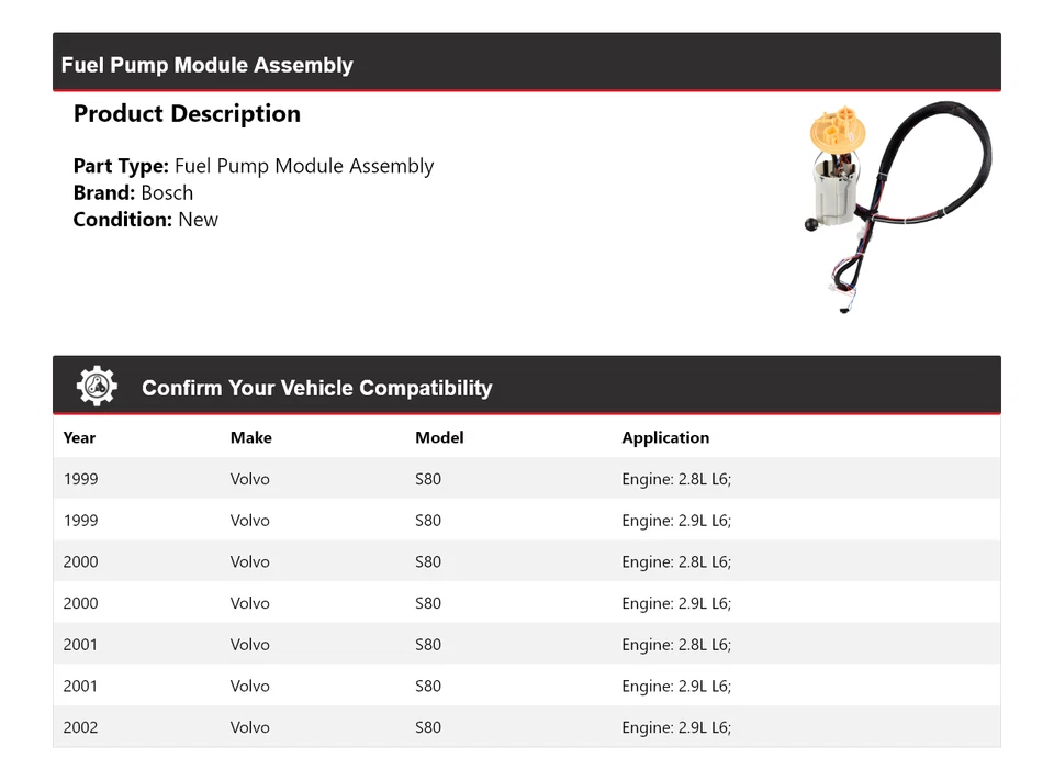 For 1999-2002 Volvo S80 Bosch Fuel Pump Module Assembly 2000 2001 - Изображение 2 из 4