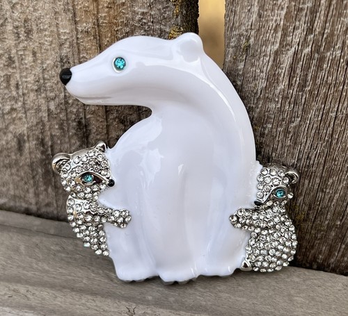Crystal Rhinestone Bear Cub Brooch Pin Animal Bears Glass Vintage White Blue USA