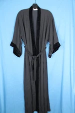 VTG VAL MODE LINGERIE Black CREPE CHIFFON Velvet Trim TIE BELT Lounge ROBE Sz S