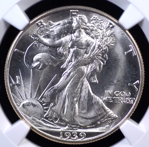 1939 D WALKING LIBERTY HALF DOLLAR NGC MS 65 BRIGHT SILVERY WHITE OBVERSE WITH A