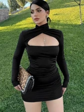 Women's Sexy Long Sleeve Cut Out Bodycon Ruched Party Club Mini Dress