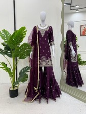 New Launch Chinon Fabric Wine Palazzo Suit With Dupatta For Festival Wear