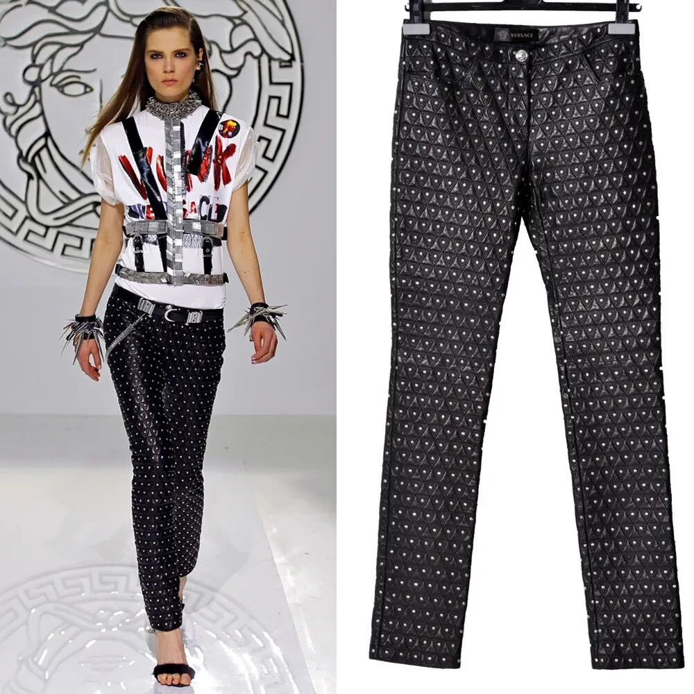 $7,195 New VERSACE Studded Black Lamb Leather Moto Pants 42