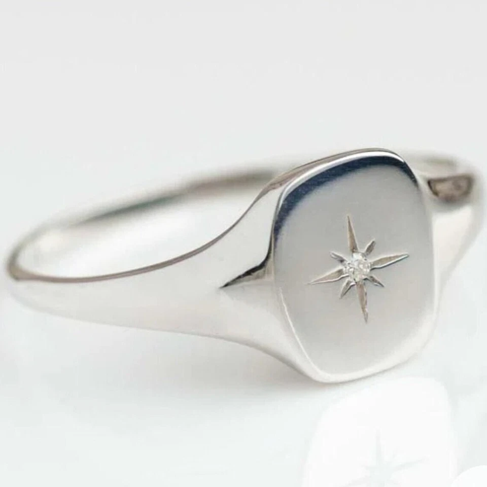 Anillo de oro macizo con sello de estrella de diamantes anillo de diamantes de colección anillo de estrellas de diamantes de plata Foto 4 de 4