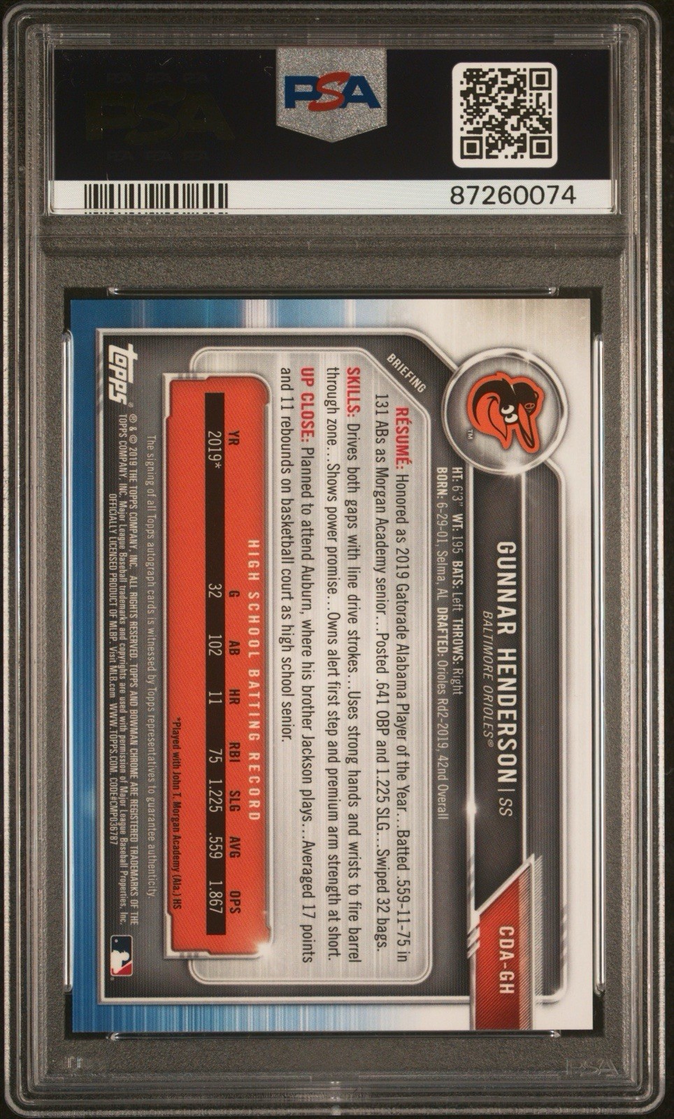 2019 Bowman Draft - Chrome Draft Pick Autographs Gunnar Henderson PSA 10 view 2
