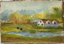 5”x7” Original Pamela Wilhelm A Garden WaterPurple Yellow Purple Blue Landscape