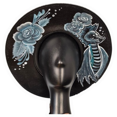 Gothic Aquarius Sun Hat - Hand Painted Water Dragon Black & Blue (Size Large)