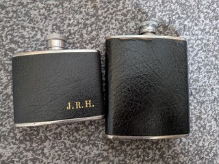 Stainless Steel Hip Flask Set Black Leather Made in England Personalised J.R.H