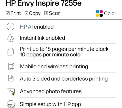 HP Envy Inspire 7255e Wireless Color Inkjet Printer, Print, scan, copy, Easy set - Picture 11 of 17