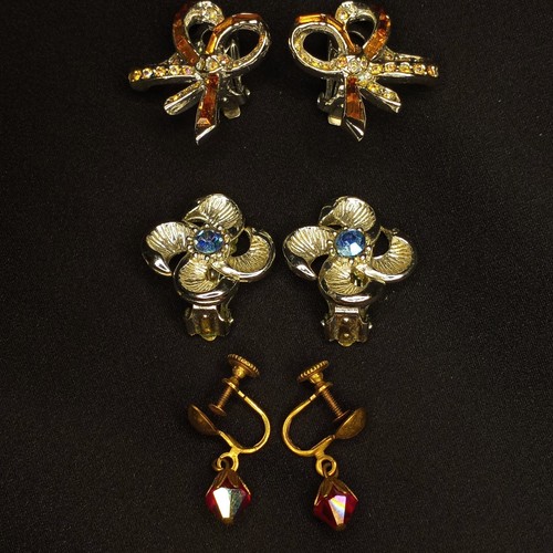 Lot 3 Pair Rhinestone Crystal Clip-on Earrings Vintage Antique Estate - Picture 3 of 17