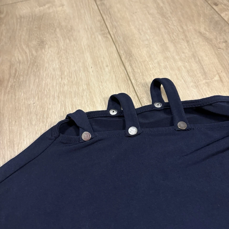 Carmen Marc Valve Navy Blue Cold Shoulder Satin Soft Blouse Business Work Small - Image 2 of 4