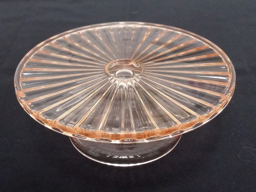 Vintage pink salmon color depression glass type pedestal cake or pie plate EUC