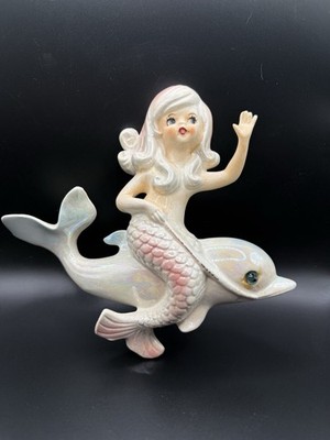 MCM Vintage Mermaid Wall Plaque Riding Dolphin With Blue Rhinestone Eye Lefton?