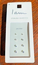 "I am" 4 PAIR Sterling Silver Cubic Zirconia Round Stud Earrings Set New In Box 