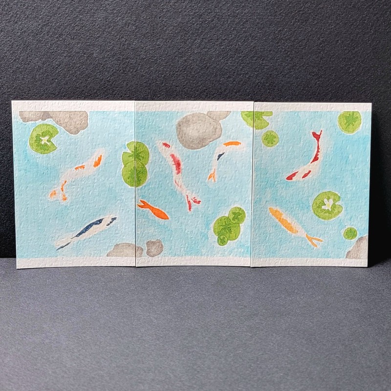 ACEO Original Watercolor Painting Koi Pond Fish Triptych KatieBearDesigns