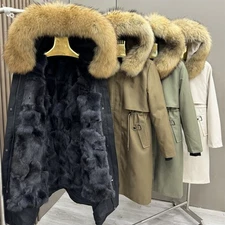 2026 New Womens Long Genuine Fox Fur Lining Parka Jacket Fox Fur Collar Overcoat