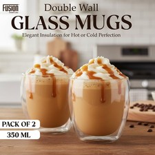 Double Walled Glass Coffee Mugs Set 2 350ml Clear Latte Cups for Hot Cold Drinks