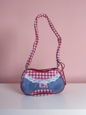 Y2K Cherry Gingham Denim Mini Shoulder Bag Coquette Cottagecore Red Plaid VTG