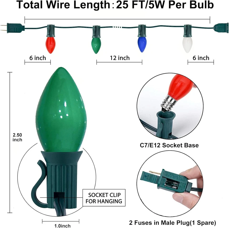 C7 Multicolor Christmas Lights Outdoor, 25Ft Vintage String Lights with 27 LEDs - Image 2 of 4