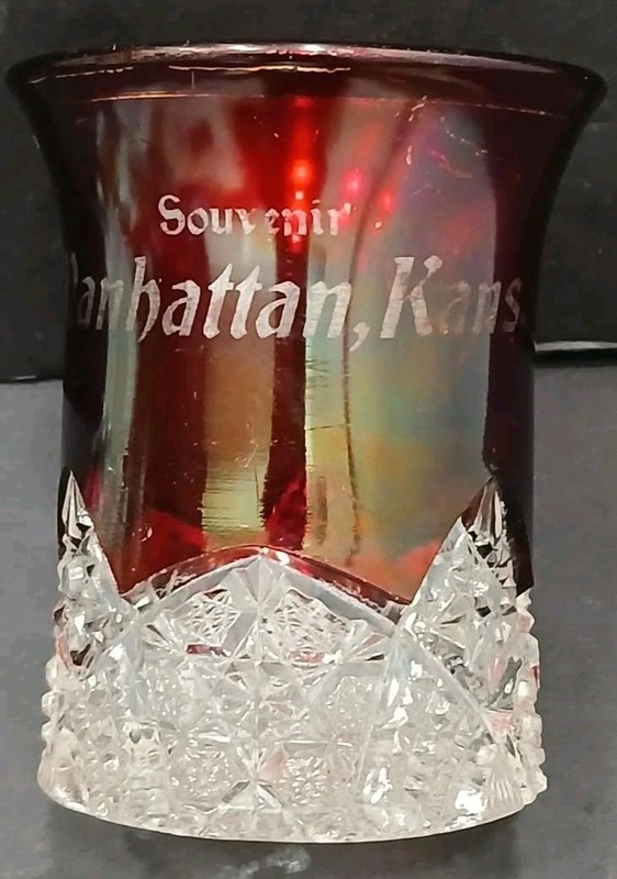 Vintage Ruby Red Cut To Clear Souvenir Glass Tumbler - Manhattan, Kansas