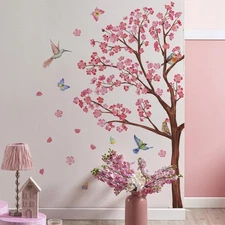 Cherry Blossom Tree Wall Decals Pink Flower Birds Branch Wall Stickers Living...