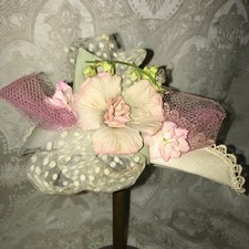 Vintage Doll Bonnet/Hat - Starched, White w/Floral Decor/Bow/Lace - for 3" head