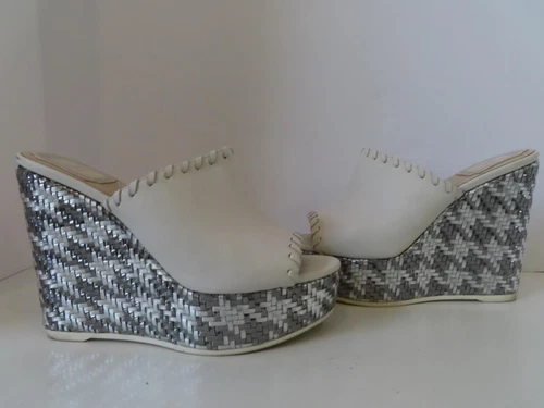 Christian Dior écru cuir/cuir tissé argenté compensé/glissières taille 39/US 9