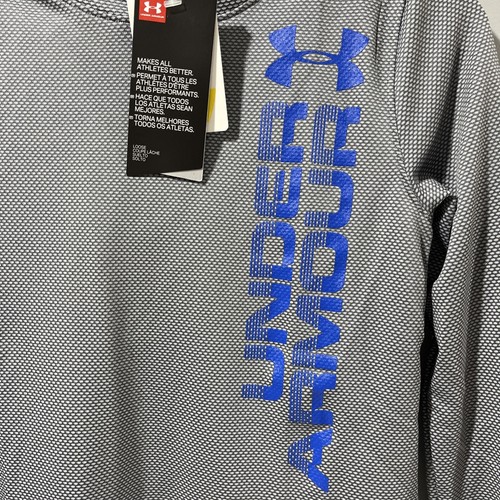 Under Armour Pullover Hooded Shirt Grey With Blue Logo Boys Youth Small - Picture 2 of 7
