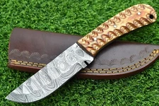 Damascus steel forged handle scale skinning knife with Leather sheath -5033