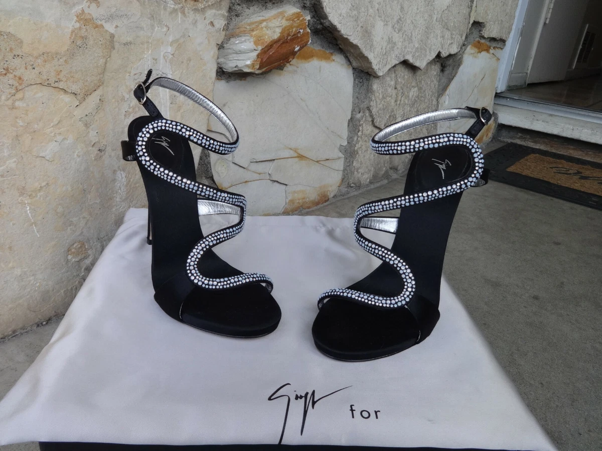 Giuseppe Zanotti Crystal Embellished Black Satin Wrap Strap