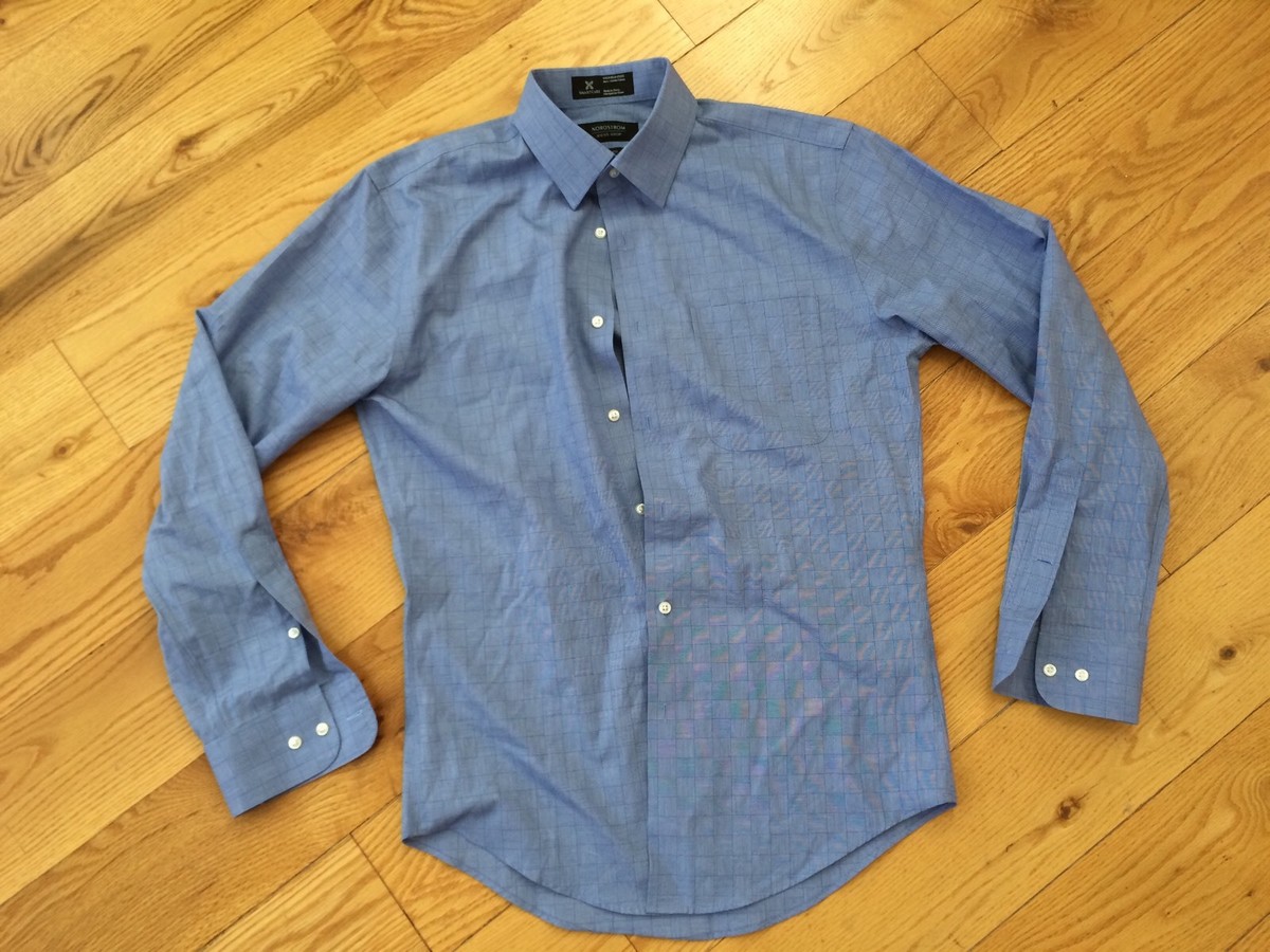 $99 NORDSTROM MEN SHOP SMARTCARE TRIM FIT Blue DRESS SHIRT 14 1/2 32 33