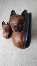 Cat And Kitten Pair Thai Wood Hand Carvings