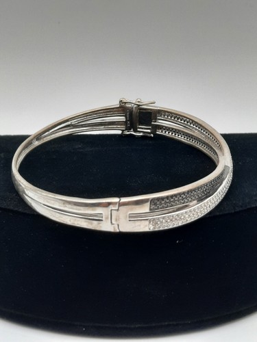 Sterling Silver Hinged Bangle Black & White Pavé Diamond Crossover 18.3g - Picture 3 of 11