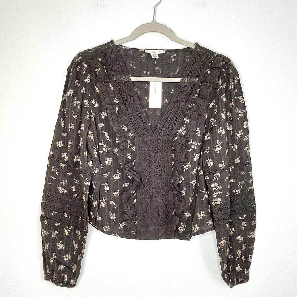 Топ женский American Eagle цветочный кружевной крестьянский укороченный средний серый романтический богемное