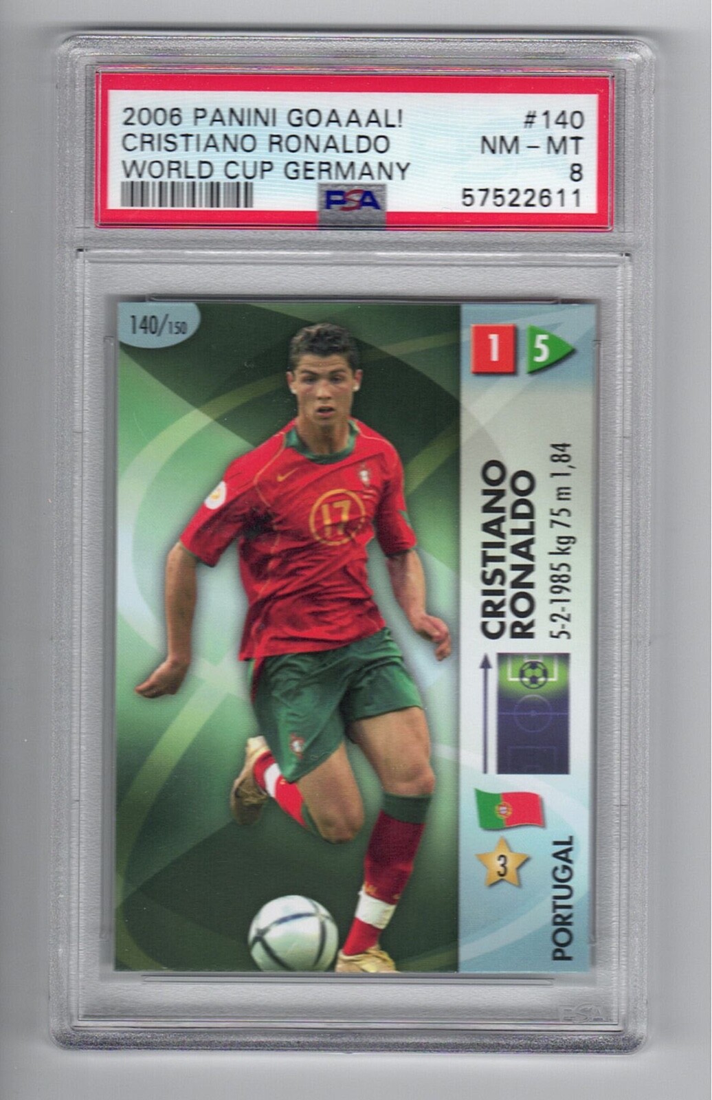 2006 Panini Goaaal! World Cup Rookie RC Cristiano Ronaldo #140 PSA 8; Messi
