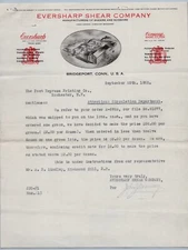 1922 Eversharp Shear Co Letterhead Bridgeport CT Conway Scissors Factory